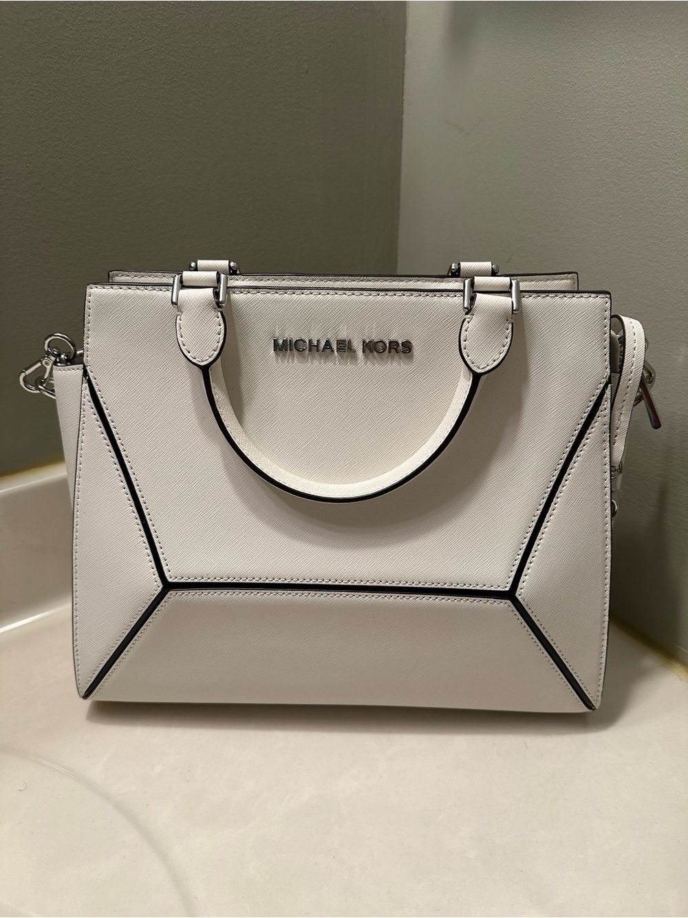 Michael Kors White Geometric Leather Satchel